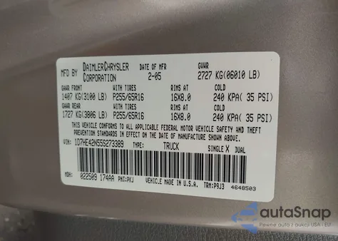 2005 Dodge Dakota Slt z USA, uszkodzony, nr VIN 1D7HE42N55S273389